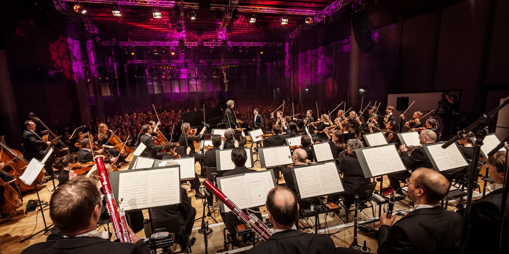 An orchestra performs in front of an audience in a concert hall with purple lighting.