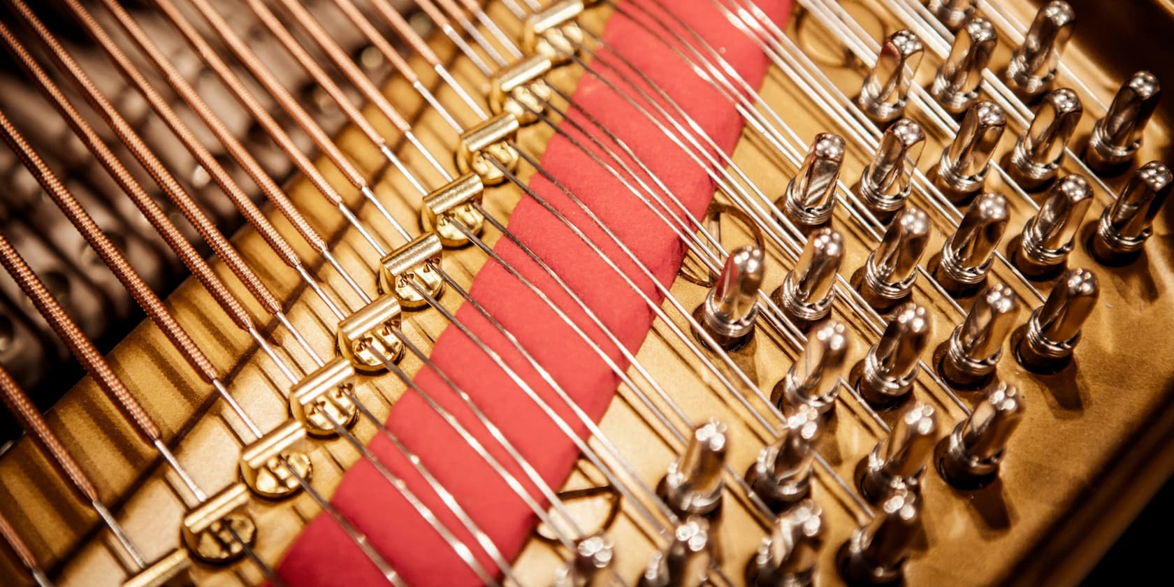 Close-up of the strings and pins of a piano.