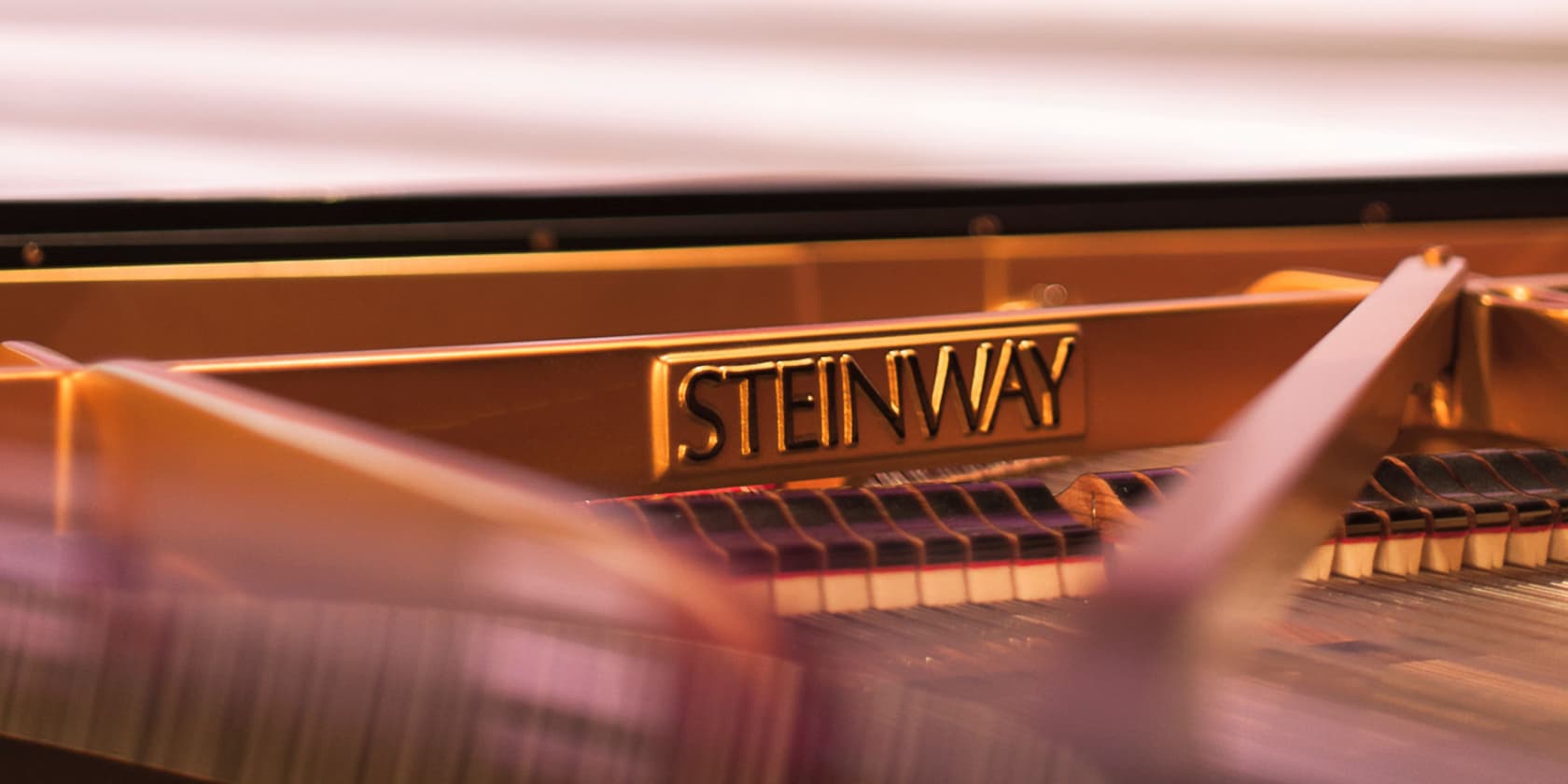 Close-up of the inside of a grand piano with the 'Steinway' logo.