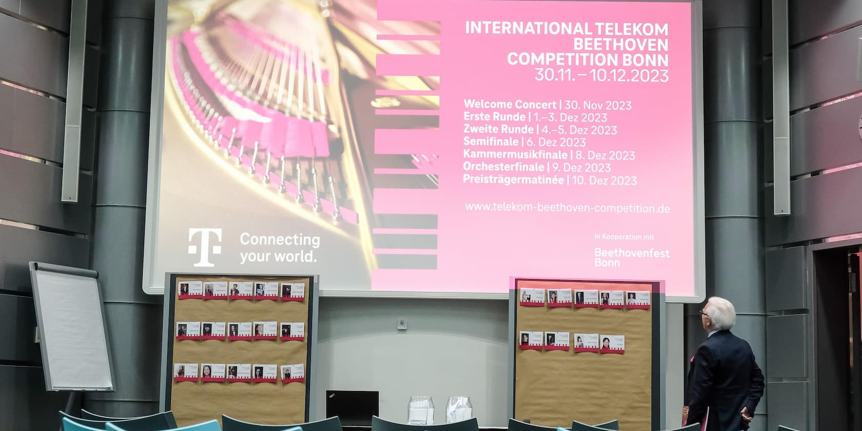 Large announcement at the International Telekom Beethoven Competition Bonn 2023 displaying dates from November 30 to December 10, 2023.