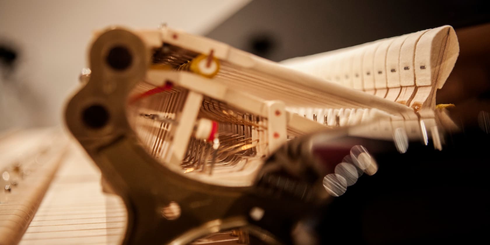 Close-up of the interior of a piano