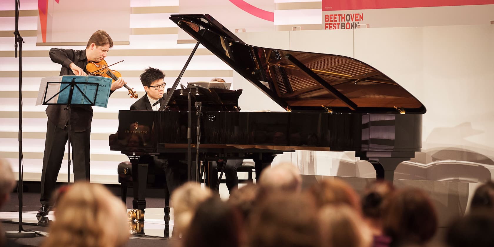 A violinist and a pianist perform at the Beethovenfest Bonn.