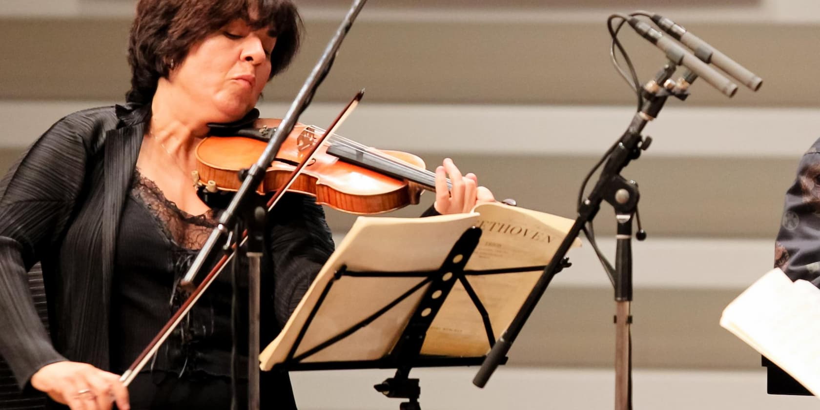 A woman playing the violin at a concert. In front of her is a music stand with the title 'Beethoven'.